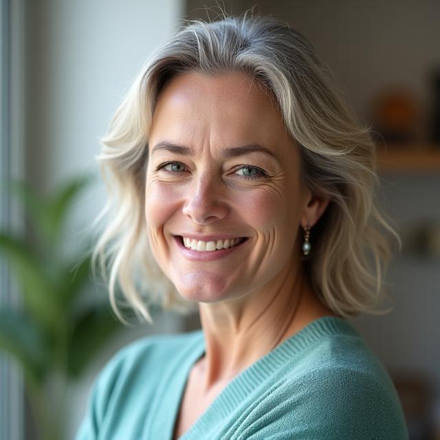 Portrait of Sophia Reid, Licensed Mental Wellness Coach, with a calming and empathetic expression.